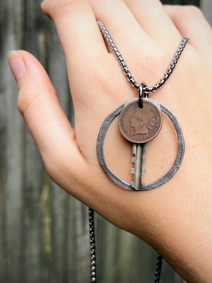 "Open to You and New" 1907 Penny, Vintage Key and Upcycled Ring Necklace
