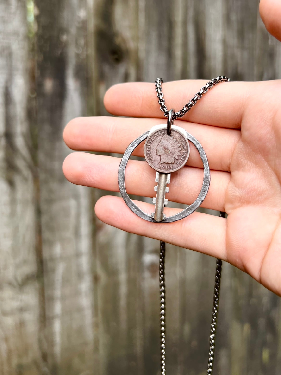 "Open to You and New" 1907 Penny, Vintage Key and Upcycled Ring Necklace