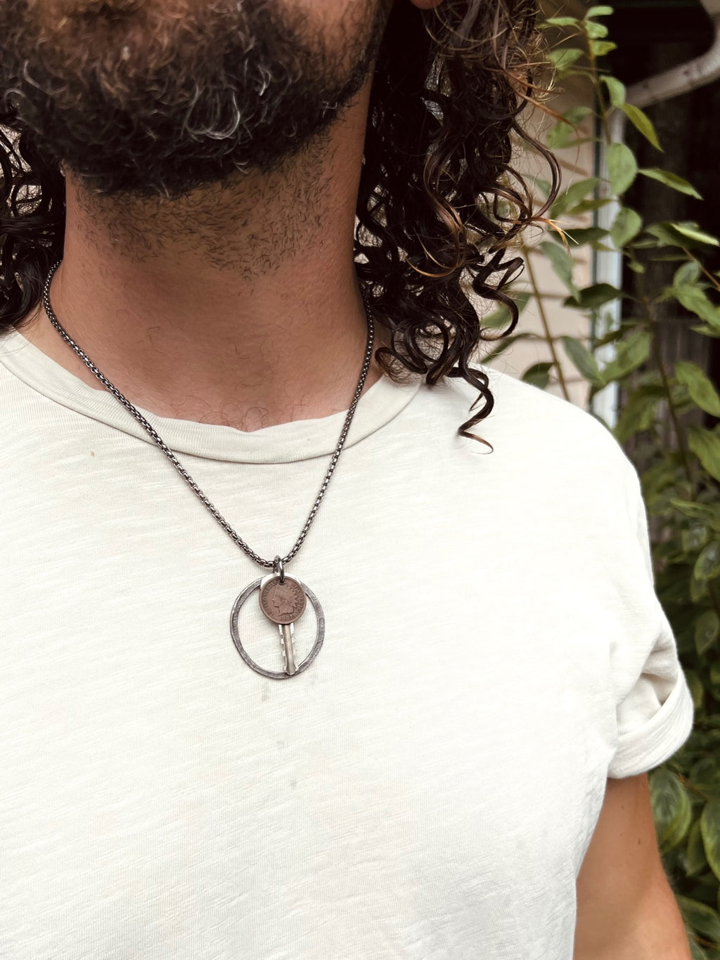 "Open to You and New" 1907 Penny, Vintage Key and Upcycled Ring Necklace