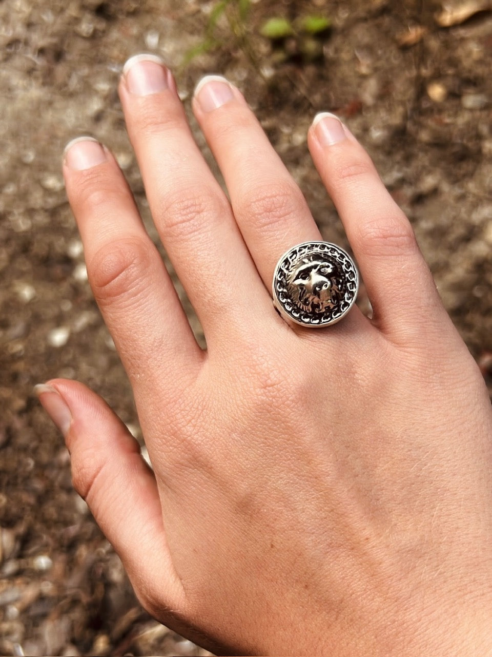 "The Ring of Fire" Vintage Lion Head Button in Sterling Silver Made from Scratch Ring