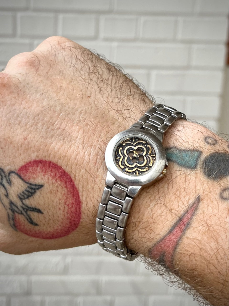 "Fonta Flora" Antique Button in a Vintage Silver-Tone Watch Bracelet