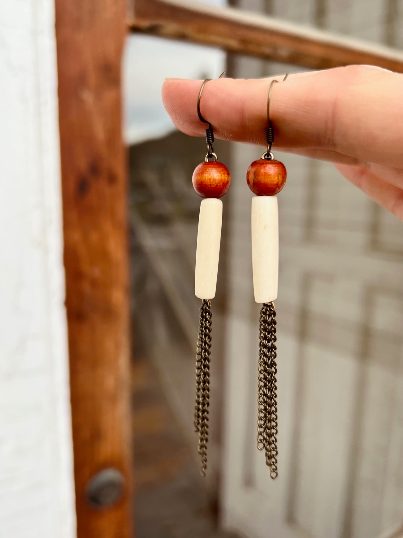 "Nature's Pallet" Salvaged Wood and Vintage Bone Bead Earrings
