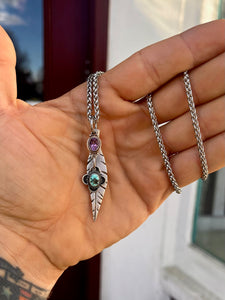 "Water Color Sky" Vintage Sterling Amethyst & Turquoise Pendants With Sterling Feather Necklace
