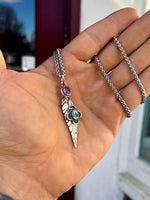 "Water Color Sky" Vintage Sterling Amethyst & Turquoise Pendants With Sterling Feather Necklace