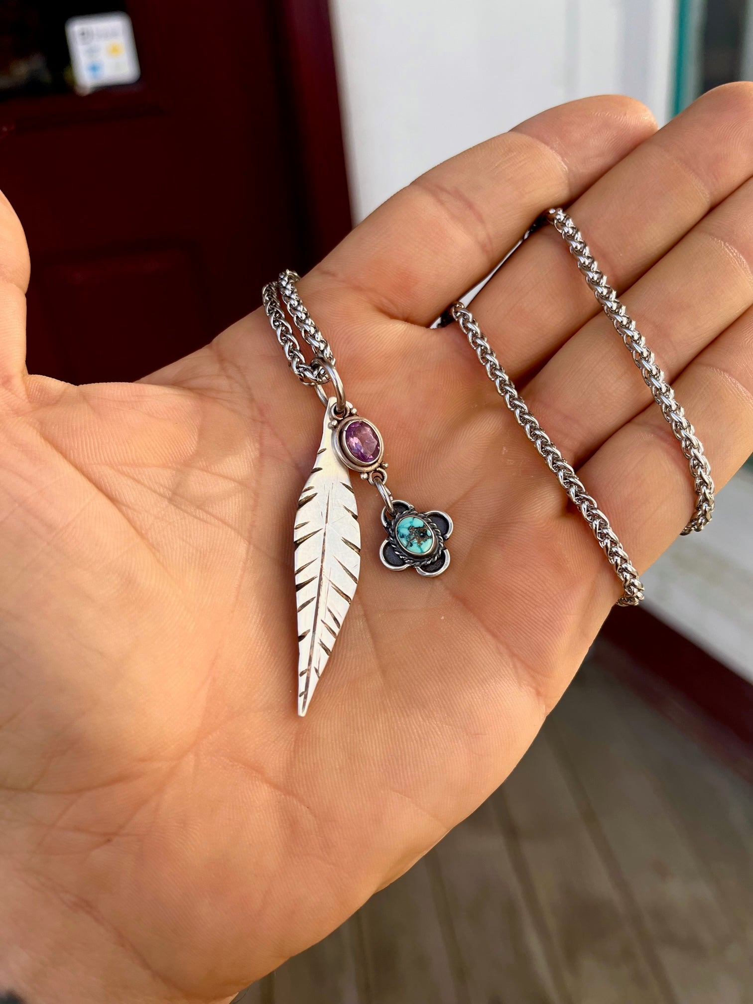 "Water Color Sky" Vintage Sterling Amethyst & Turquoise Pendants With Sterling Feather Necklace